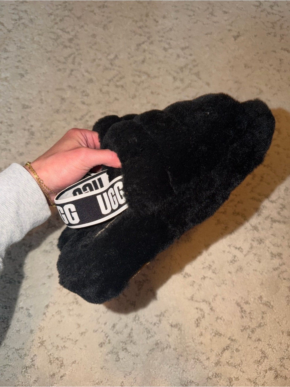 UGG Black Plush Slide with Branded Elastic Strap